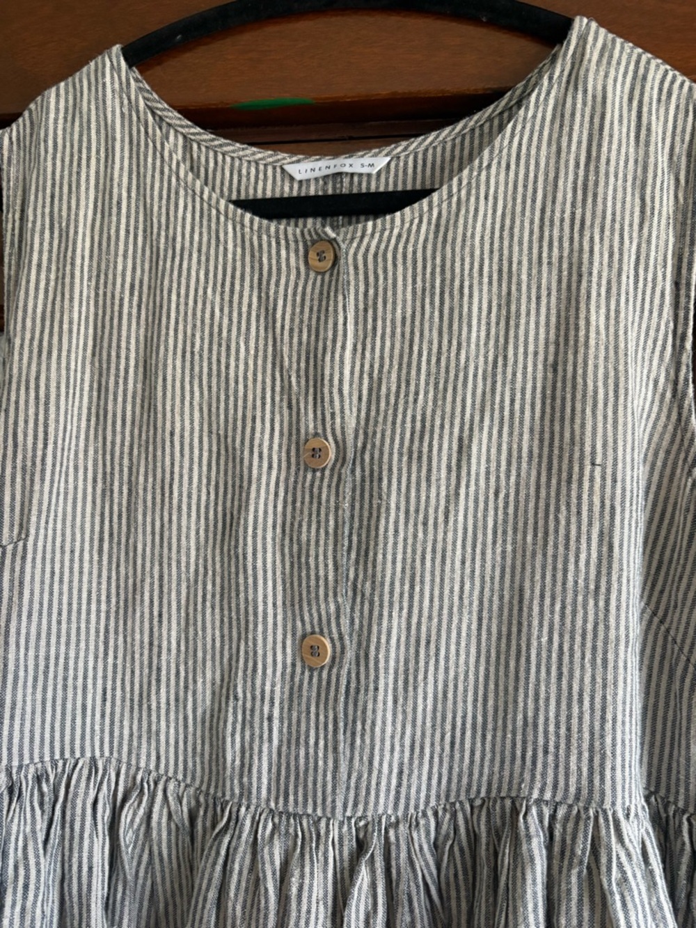 Linenfox Sleeveless Joy Striped Button Front Linen Dress Gray White Small/Medium - Picture 3 of 9